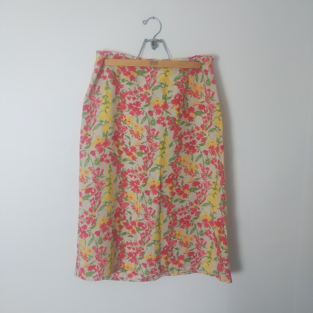 Vintage Field Manor Floral Linen Blend Midi Skirt Women's Large Cottagecore